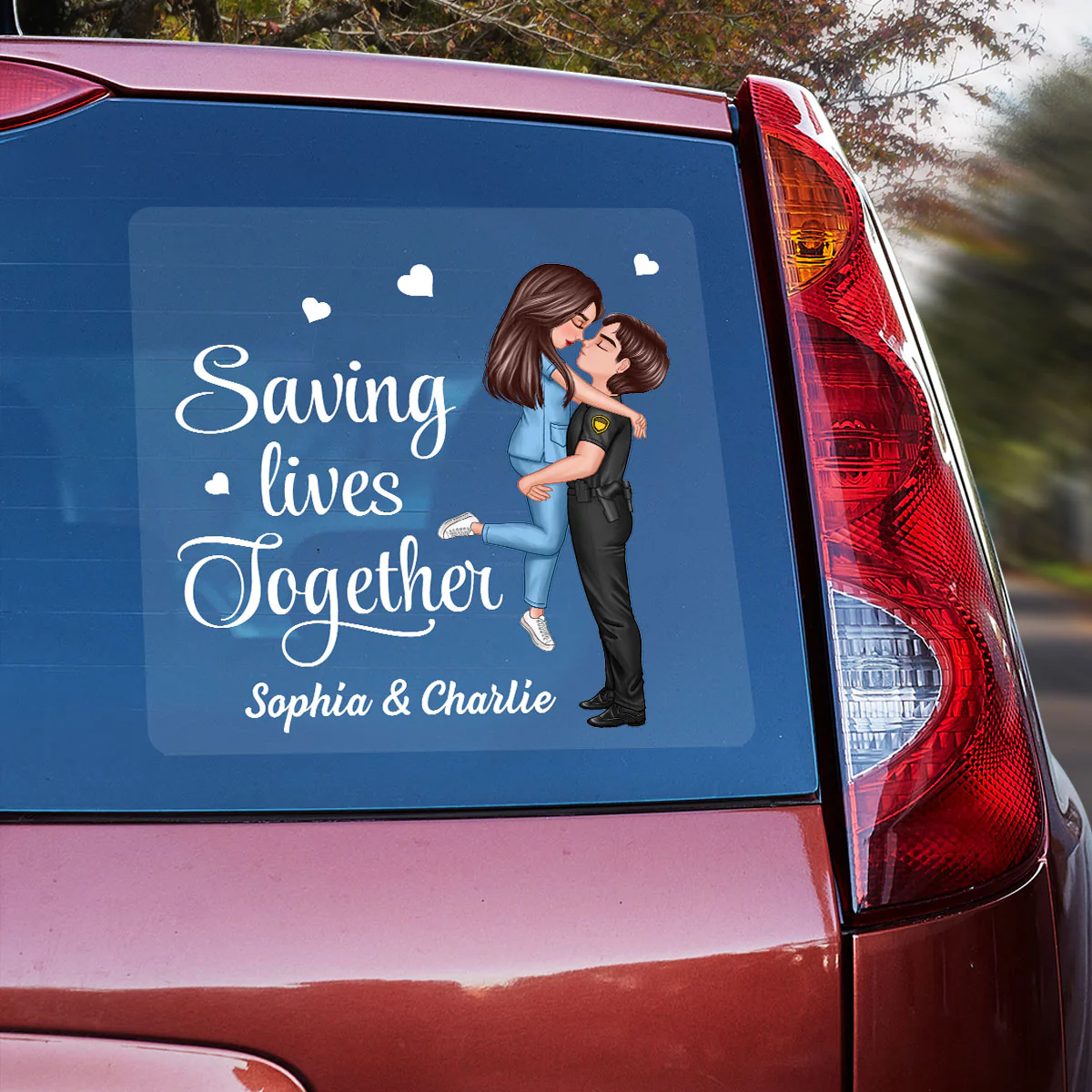 Saving Lives Together Hero Couple Hugging Kissing Personalized Decal - Image 2