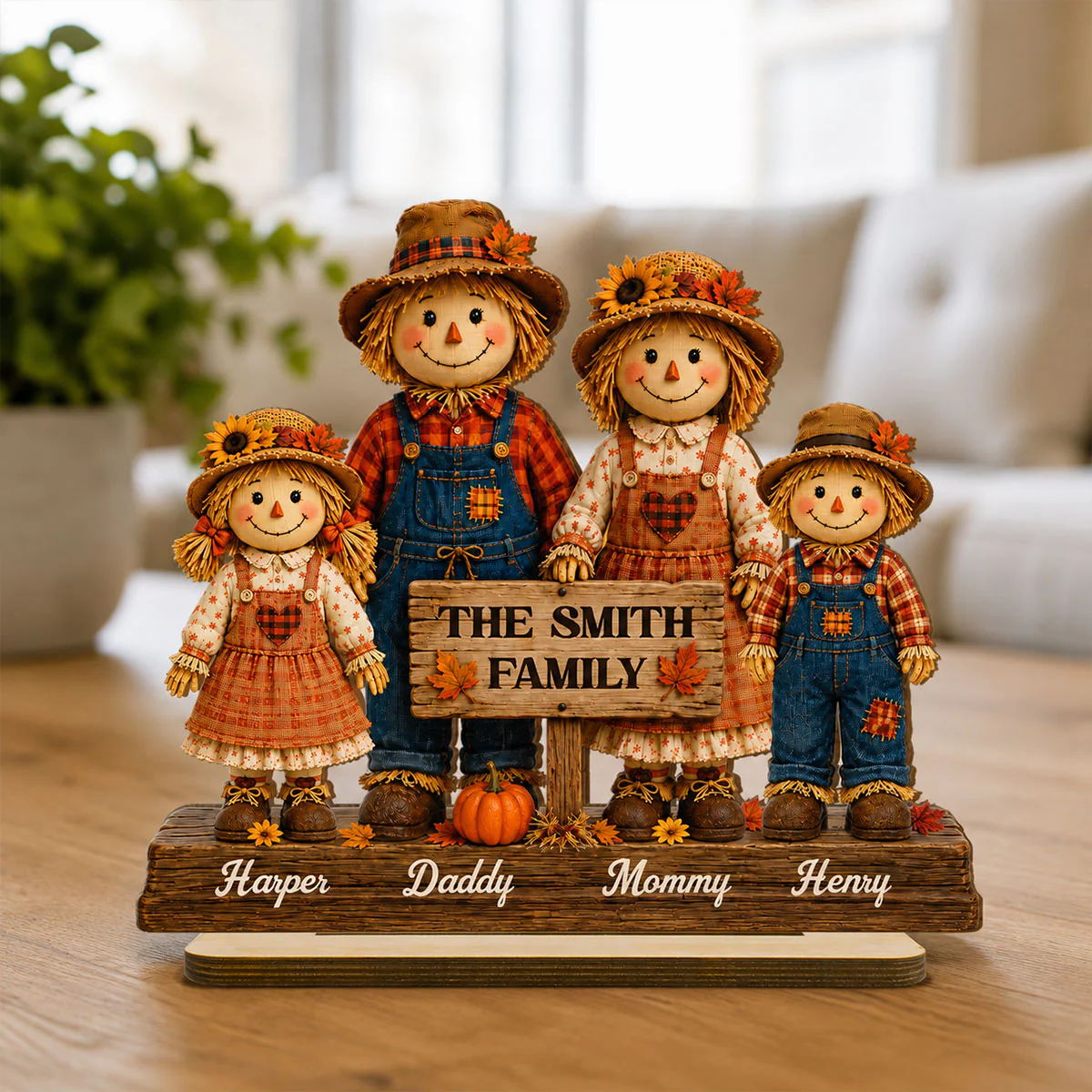 Scarecrow Family Fall Season 2D Flat - Personalized Standing Wooden Plaque - Image 2
