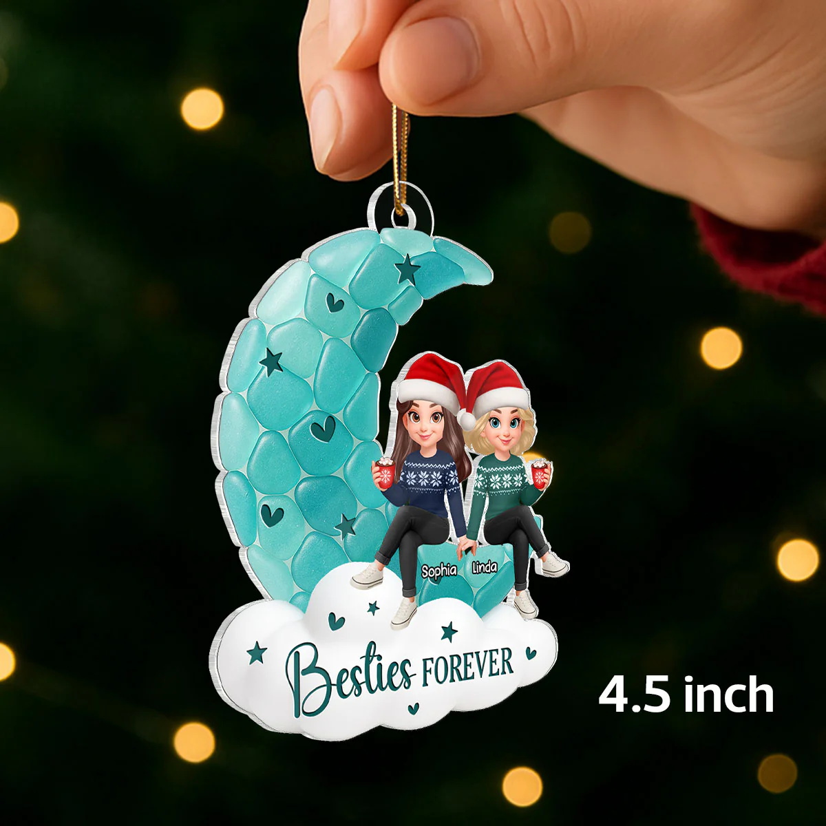 Sea Glass Effect Besties On Moon - Personalized Acrylic Ornament - Christmas Gift For Best Friends - Image 2