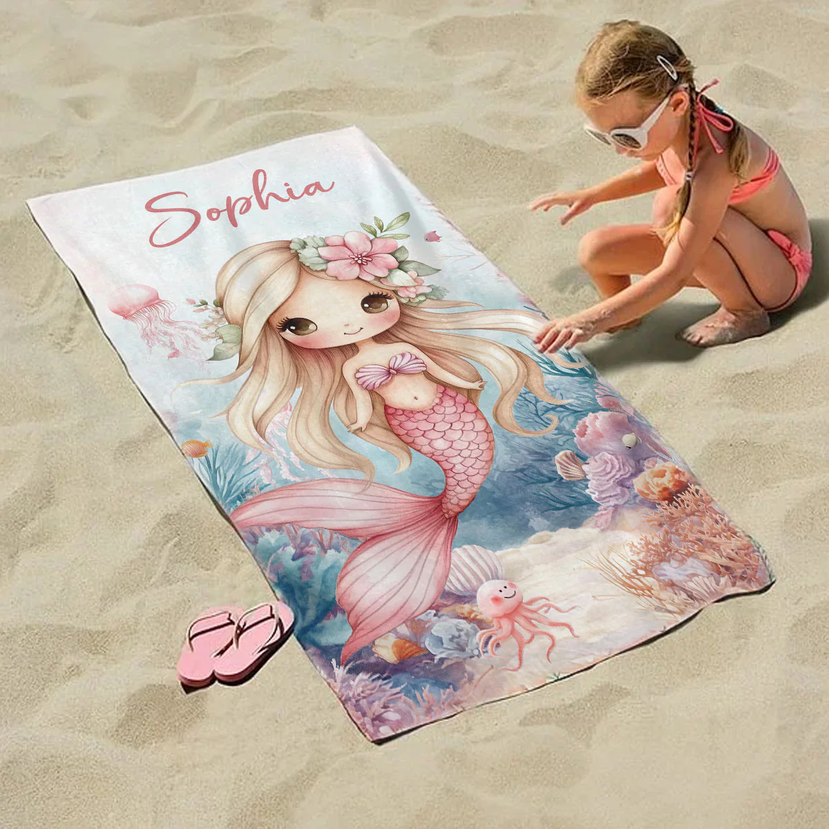 Sea World Cute Mermaid Personalized Beach Towel with Name, Beach Vacation Accessories Gift for Children, Bath Towel - Image 2