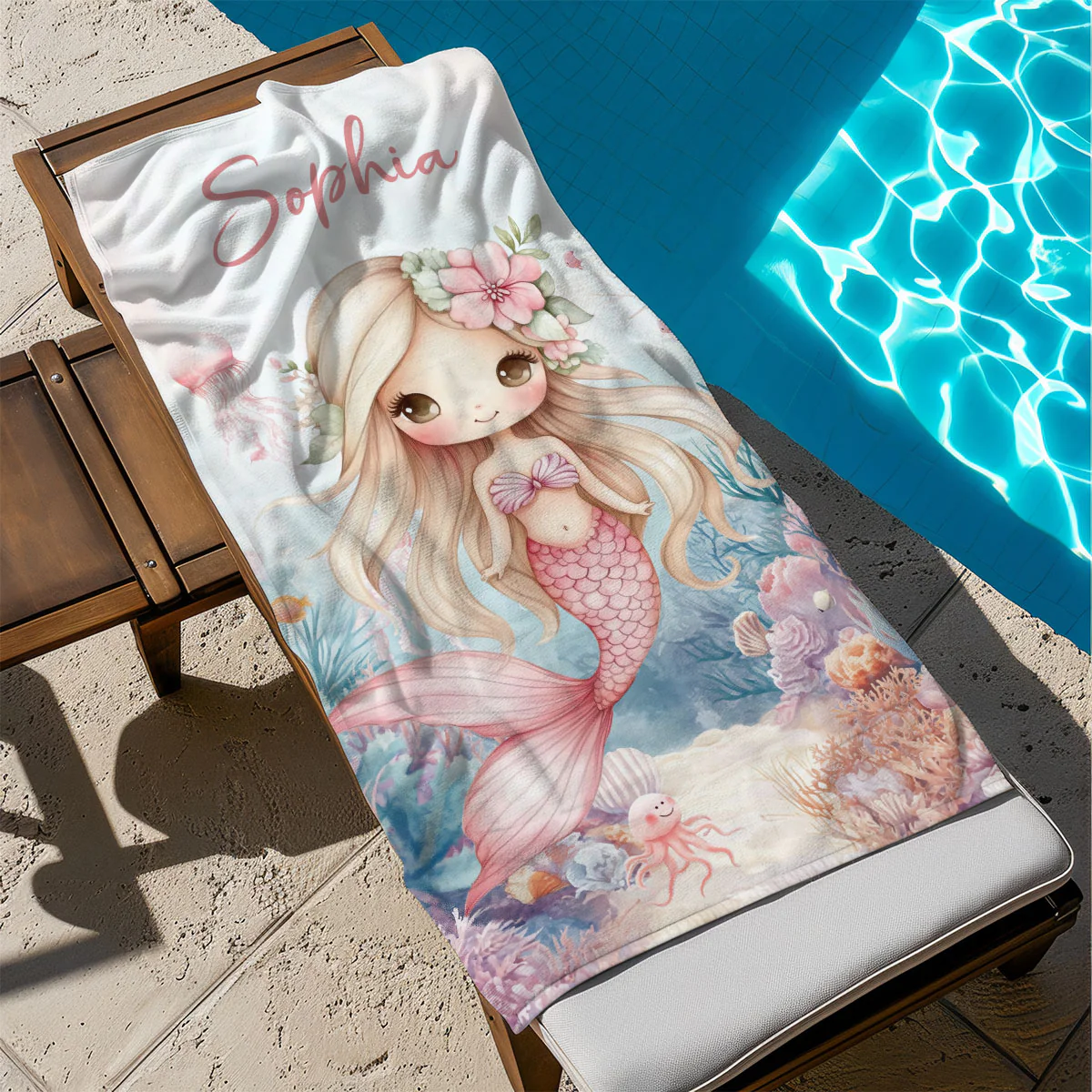 Sea World Cute Mermaid Personalized Beach Towel with Name, Beach Vacation Accessories Gift for Children, Bath Towel - Image 4