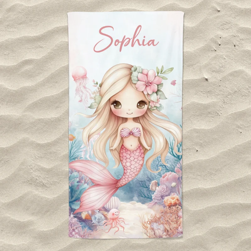 Sea World Cute Mermaid Personalized Beach Towel with Name, Beach Vacation Accessories Gift for Children, Bath Towel - Image 9