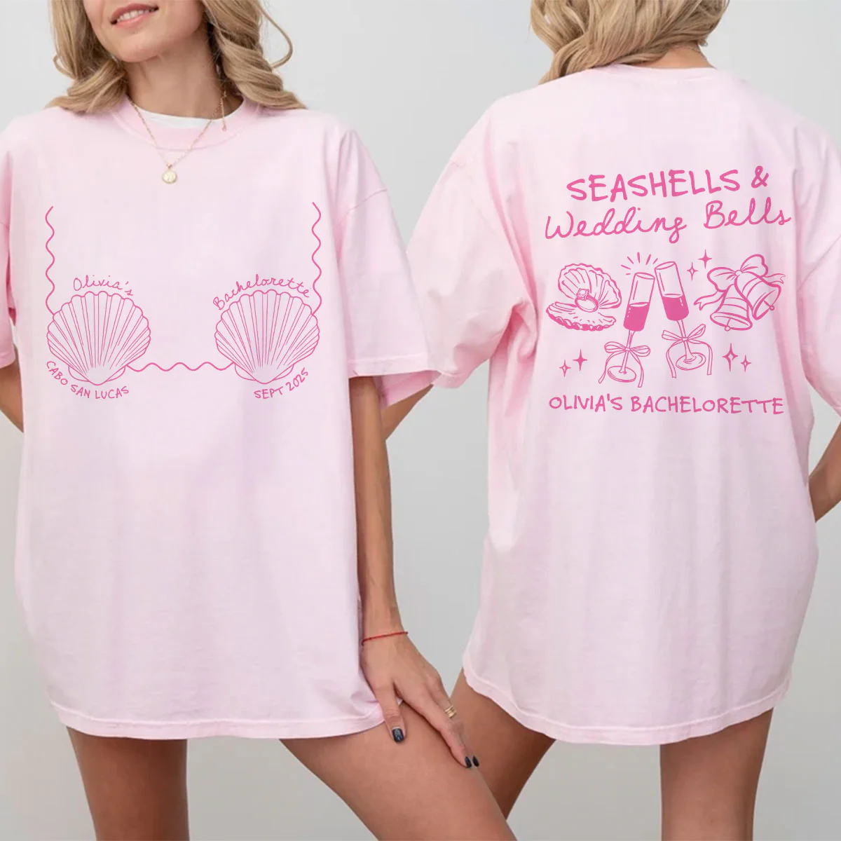 Seashells & Wedding Bells Beach Coastal Bachelorette Party Favors Personalized Matching Shirt - Image 2