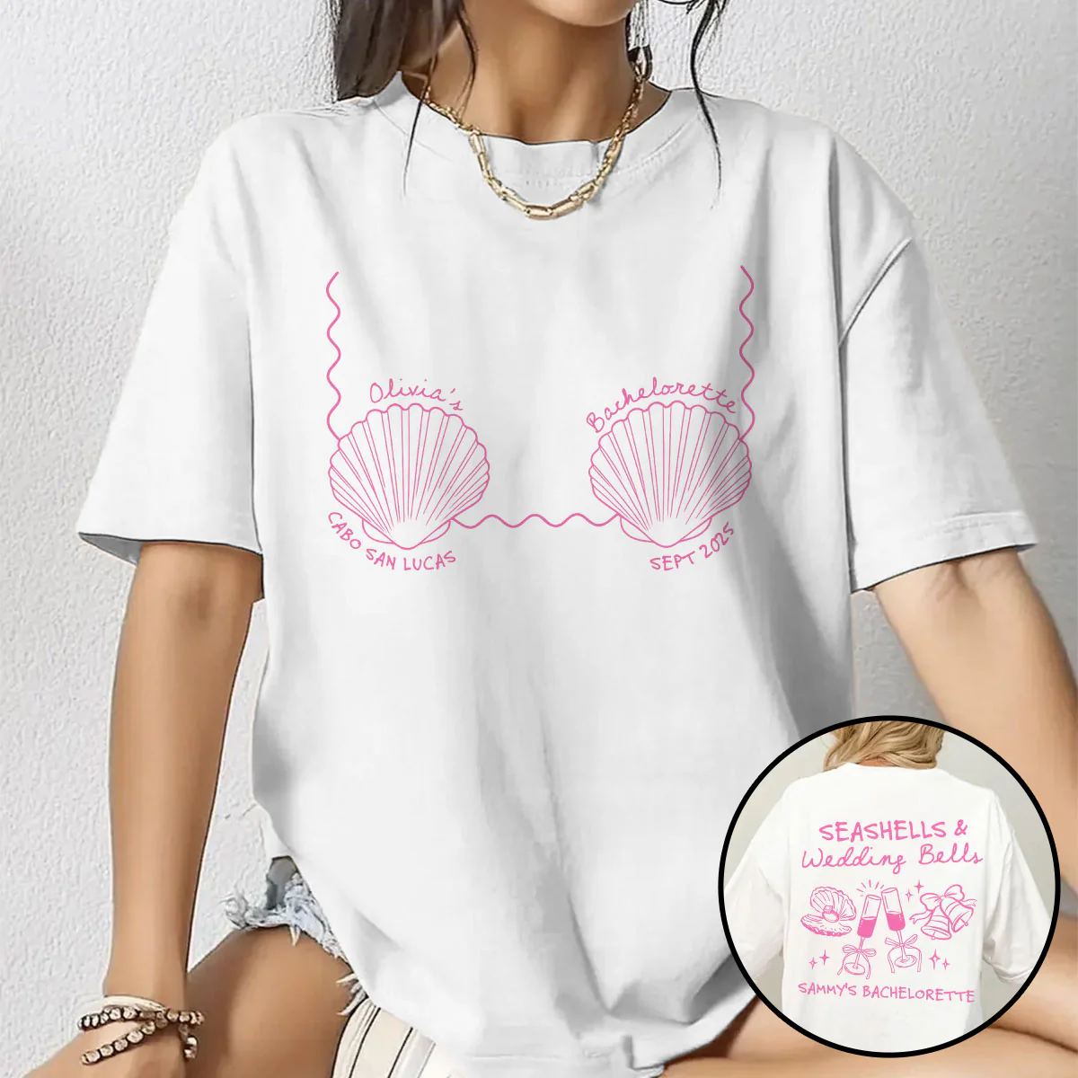 Seashells & Wedding Bells Beach Coastal Bachelorette Party Favors Personalized Matching Shirt - Image 3