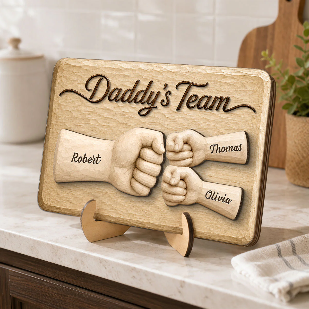 Sentimental Rustic Daddy's Team Fist Bump - Personalized 2-Layered Wooden Plaque - Gift For Dad, Husband - Image 5