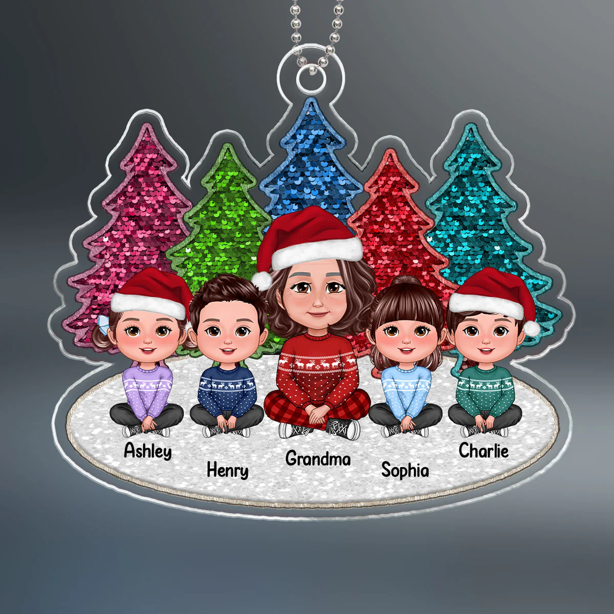 Sequins Pattern Christmas Trees Grandma & Grandkids Sitting Personalized Acrylic Ornament - Image 2