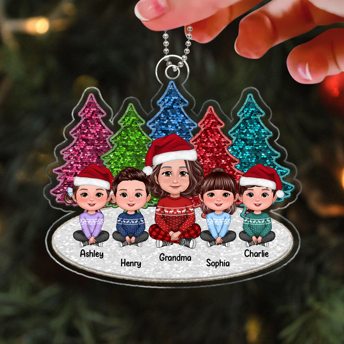 Sequins Pattern Christmas Trees Grandma & Grandkids Sitting Personalized Acrylic Ornament - Image 3