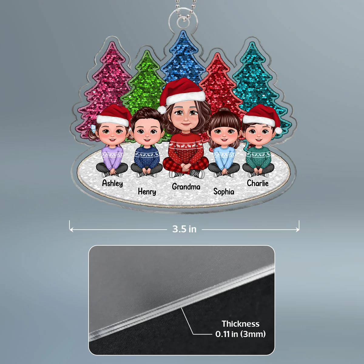 Sequins Pattern Christmas Trees Grandma & Grandkids Sitting Personalized Acrylic Ornament - Image 4