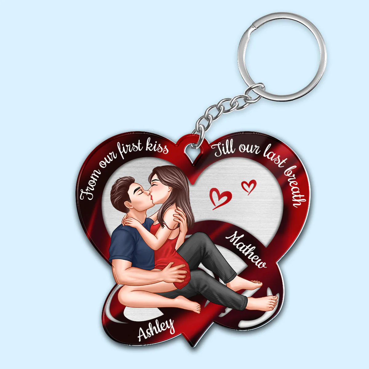 Sexy Couple Kissing Red Heart Rings Personalized Acrylic Keychain - Image 2