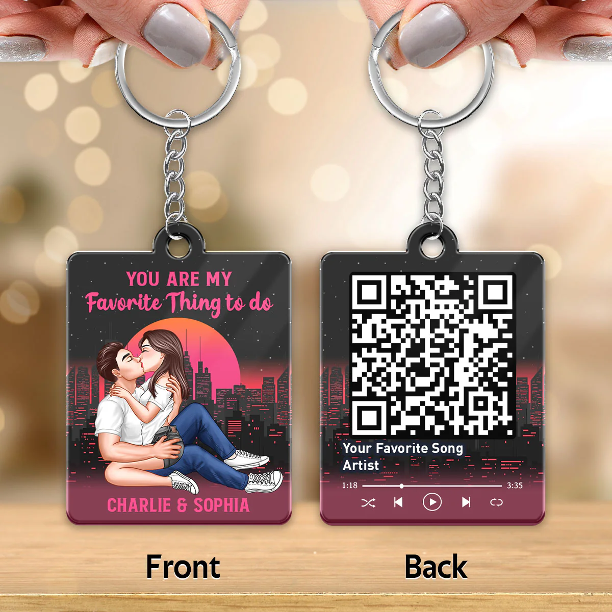 Sexy Couple Kissing Retro Background Favorite Song QR Code Personalized Acrylic Keychain - Image 3