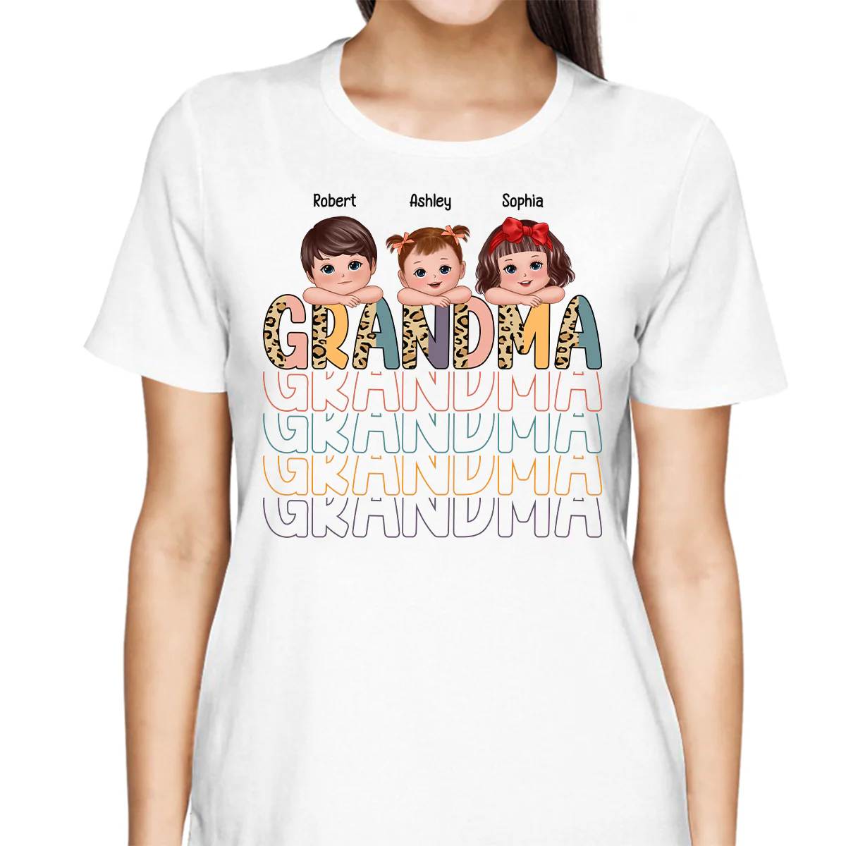 Shadow Retro Half Leopard Grandma Grandkids Laying Head On Arms Personalized Shirt - Image 2