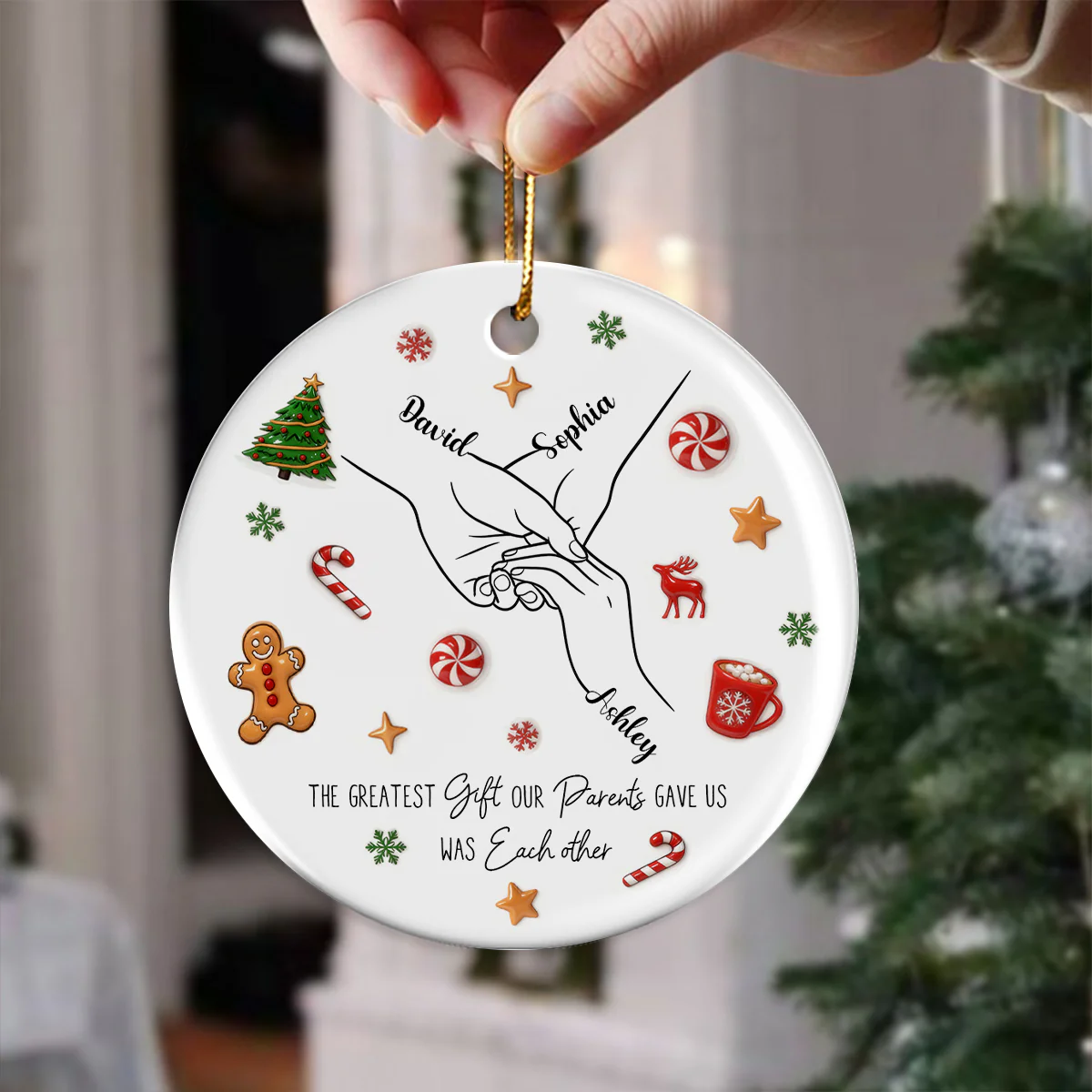 Sibling Hands Line Art - Personalized Ceramic Ornament - Christmas Gift For Brother, For Sister - Image 2