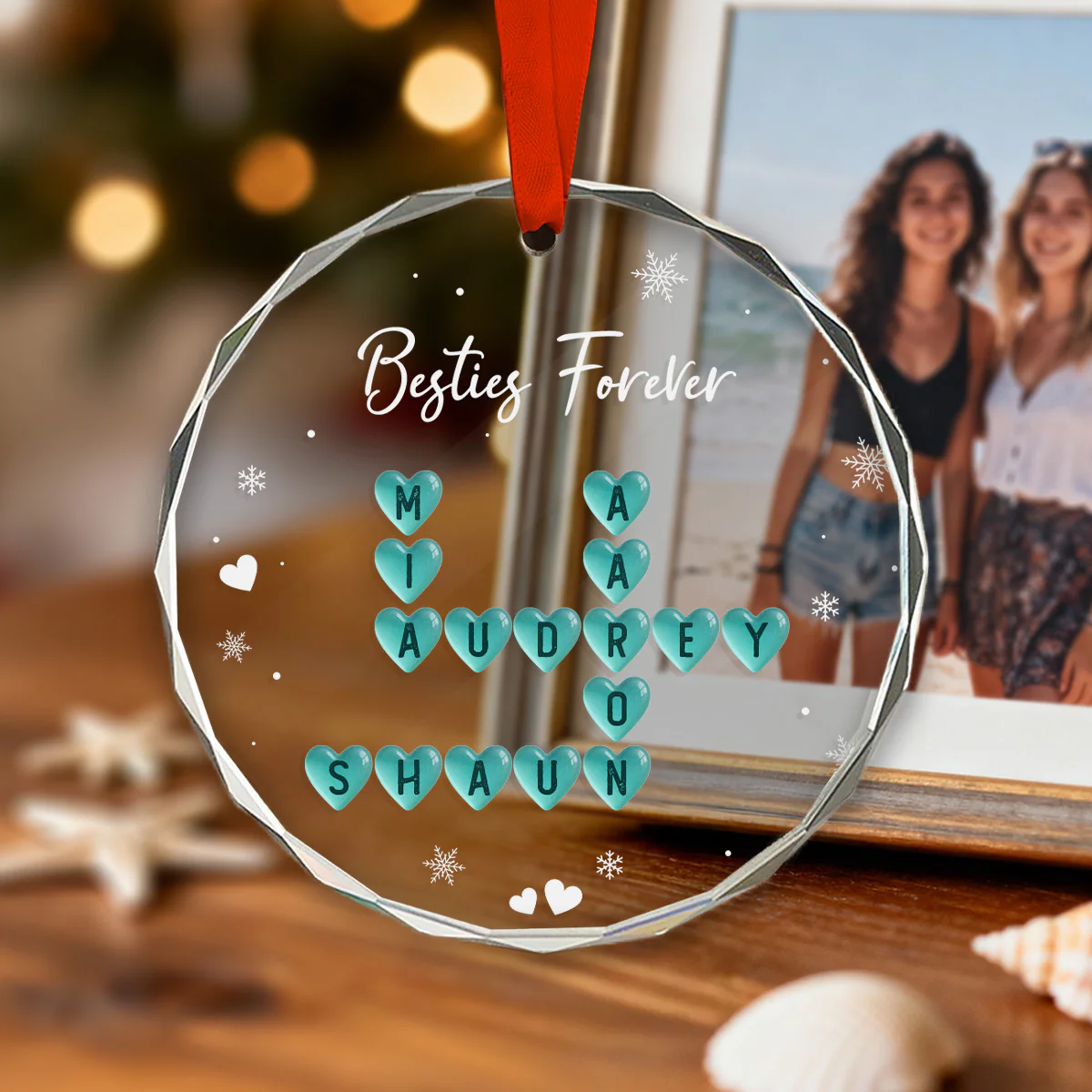 Siblings Forever Heart Sea Glass 3D Inflated Effect Crossword Puzzle Art - Personalized Glass Ornament - Image 6