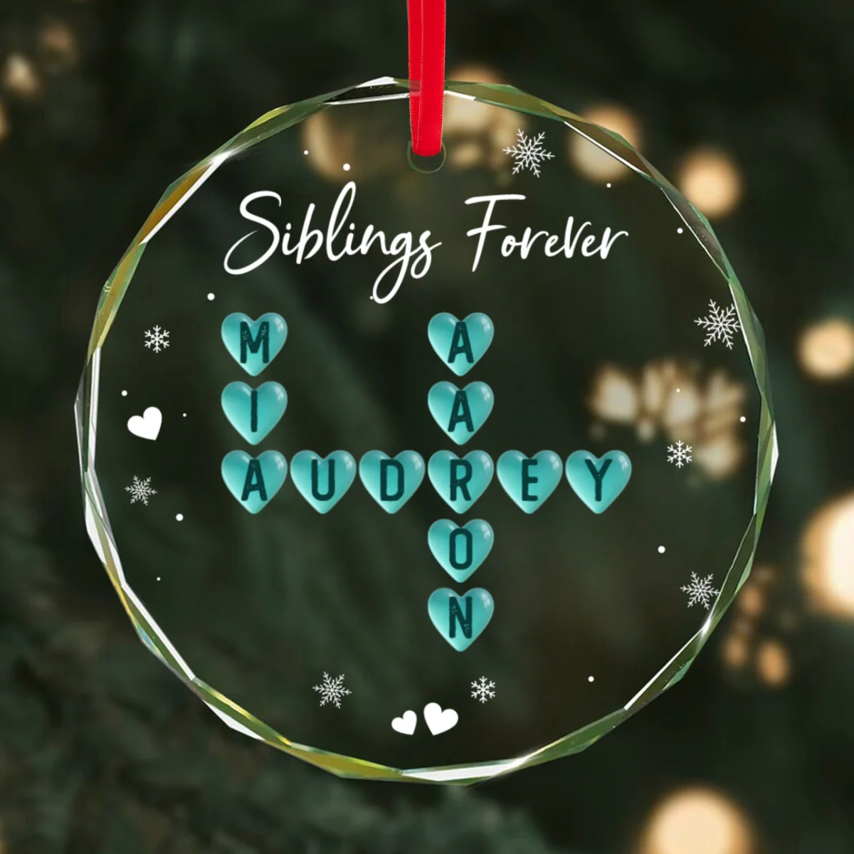 Siblings Forever Heart Sea Glass 3D Inflated Effect Crossword Puzzle Art - Personalized Glass Ornament - Image 9