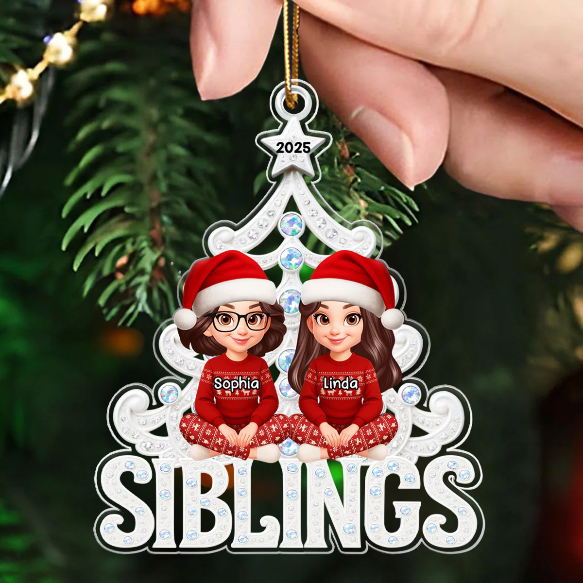 Siblings Forever Metallic Crystal Effect - Personalized Acrylic Ornament - Christmas Gift for Siblings - Image 4