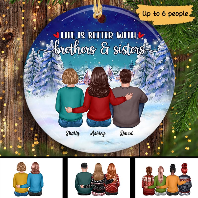 Siblings Sister Brother Besties Sitting Christmas Night Personalized Circle Ornament - Image 2