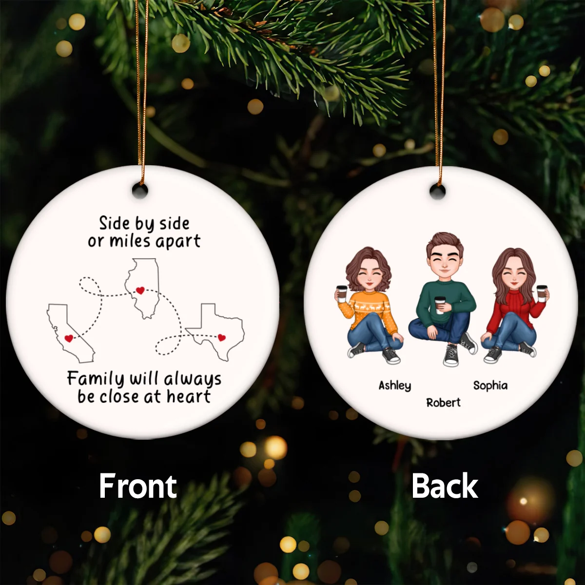 Side By Side Or Miles Apart Long Distance Family Friends Grandparent Cousin Gift Personalized Ceramic Ornament - Image 5