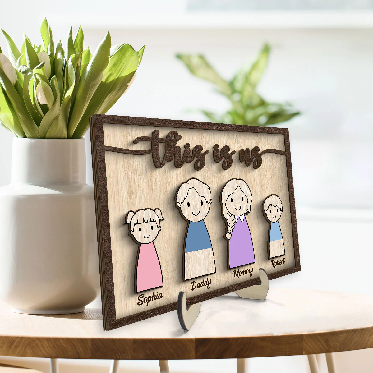 Simple Cartoon Family This Is Us Home Decor Personalized 2-Layer Wooden Plaque - Image 3