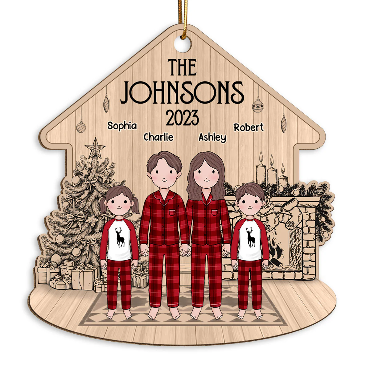 Simple Cartoon Whole Family At Fireplace Sketch Background Personalized Wooden Ornament