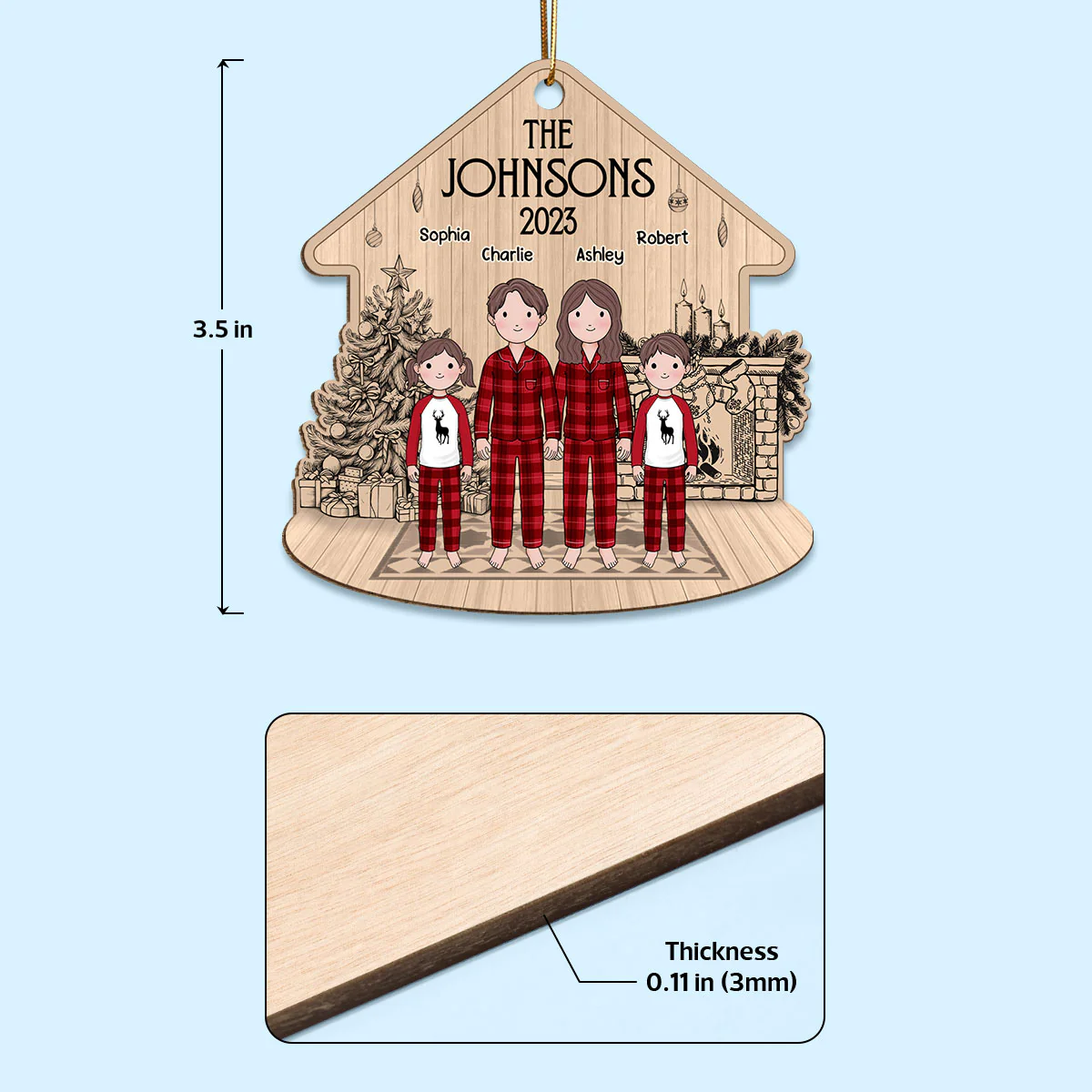 Simple Cartoon Whole Family At Fireplace Sketch Background Personalized Wooden Ornament - Image 4