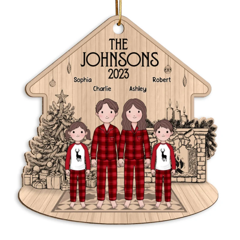 Simple Cartoon Whole Family At Fireplace Sketch Background Personalized Wooden Ornament - Image 5