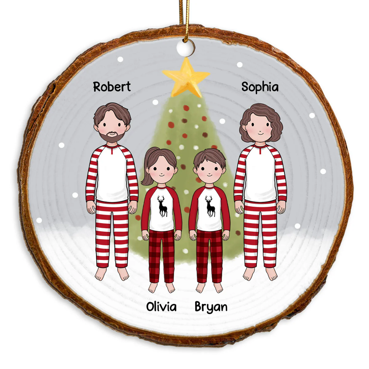 Simple Cartoon Whole Family By Christmas Tree In Snow Wood Slice Personalized Wooden Ornament