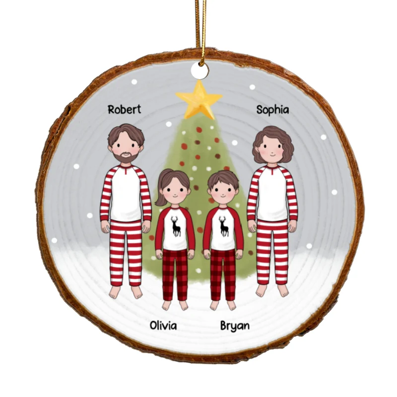 Simple Cartoon Whole Family By Christmas Tree In Snow Wood Slice Personalized Wooden Ornament - Image 5