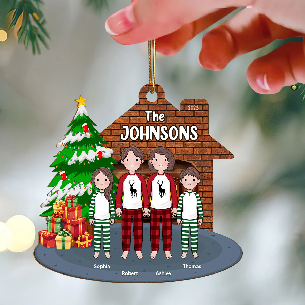 Simple Cartoon Whole Family Dad Mom Kid Dog Cat By Christmas Tree In House Personalized Wooden Ornament - Image 3