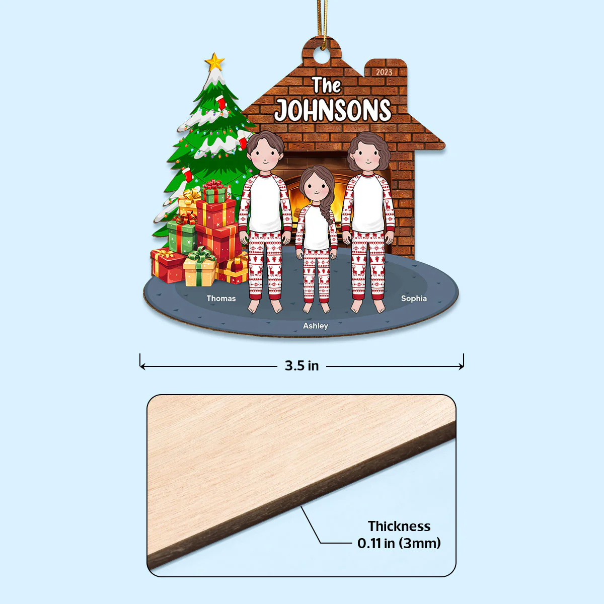 Simple Cartoon Whole Family Dad Mom Kid Dog Cat By Christmas Tree In House Personalized Wooden Ornament - Image 4