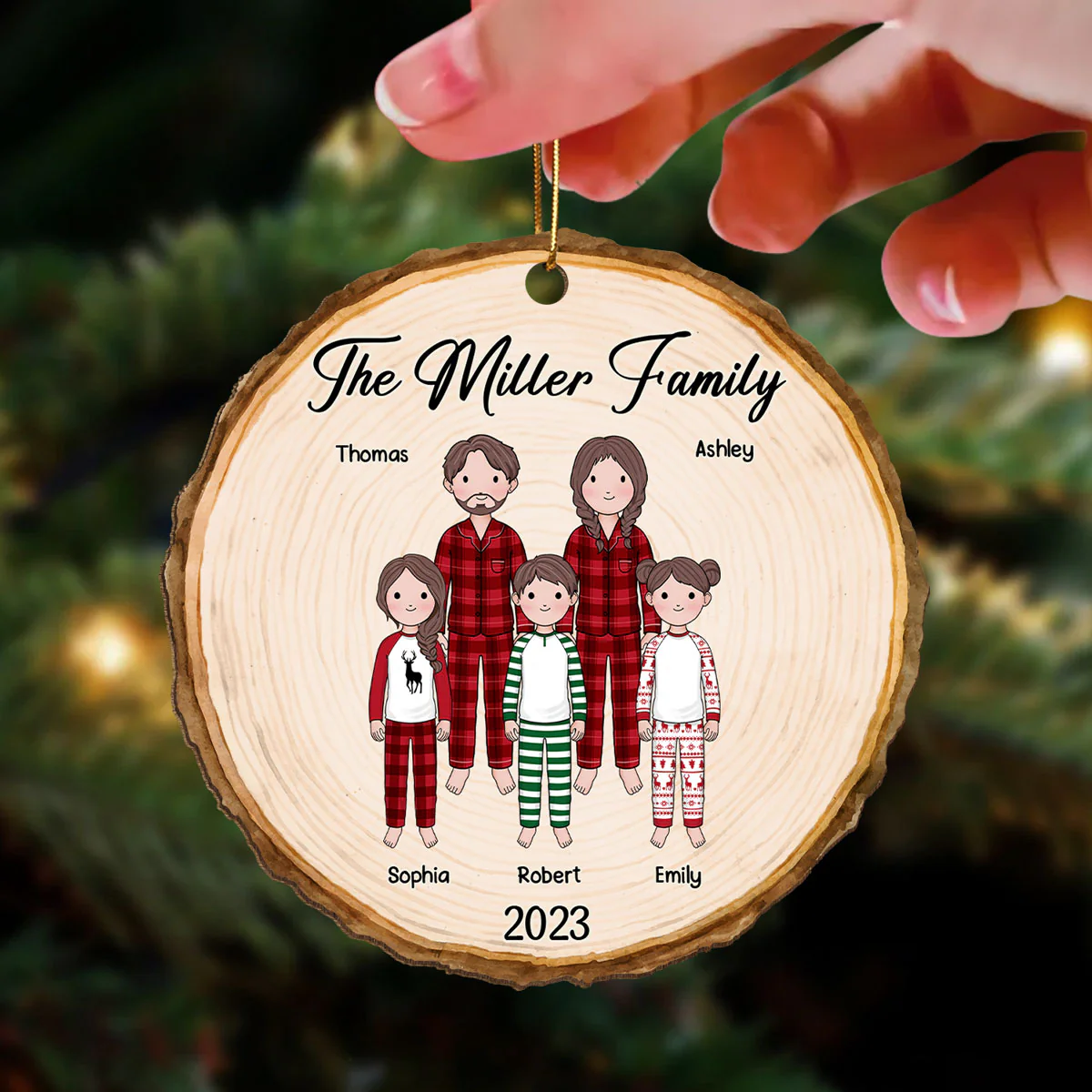 Simple Cartoon Whole Family Dad Mom Kid Dog Cat Wood Slice Christmas Personalized Wooden Ornament - Image 3