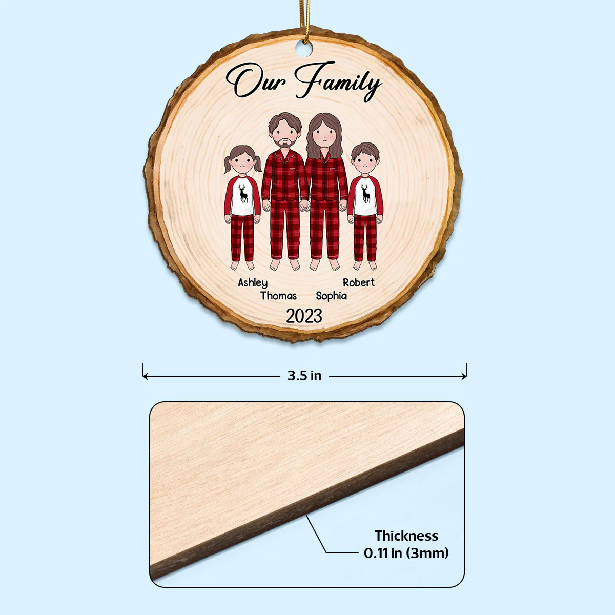 Simple Cartoon Whole Family Dad Mom Kid Dog Cat Wood Slice Christmas Personalized Wooden Ornament - Image 4