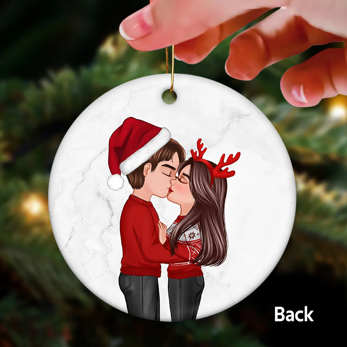 Simple Christmas Thing Couple Kissing Personalized Double Sided Circle Ornament - Image 3