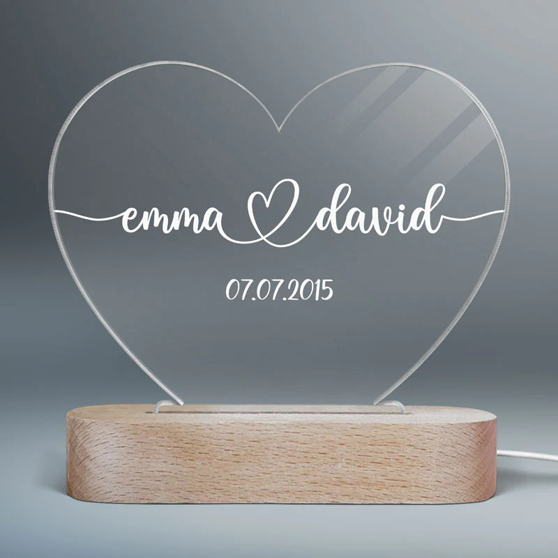 Simple Couple Names Date Personalized Heart Plaque with LED Night Light - Acrylic LED Lamp - Valentines Day Gift - Anniversary Gift - Romantic Gift For Couple - Gift For Him - Gift For Her - Image 2