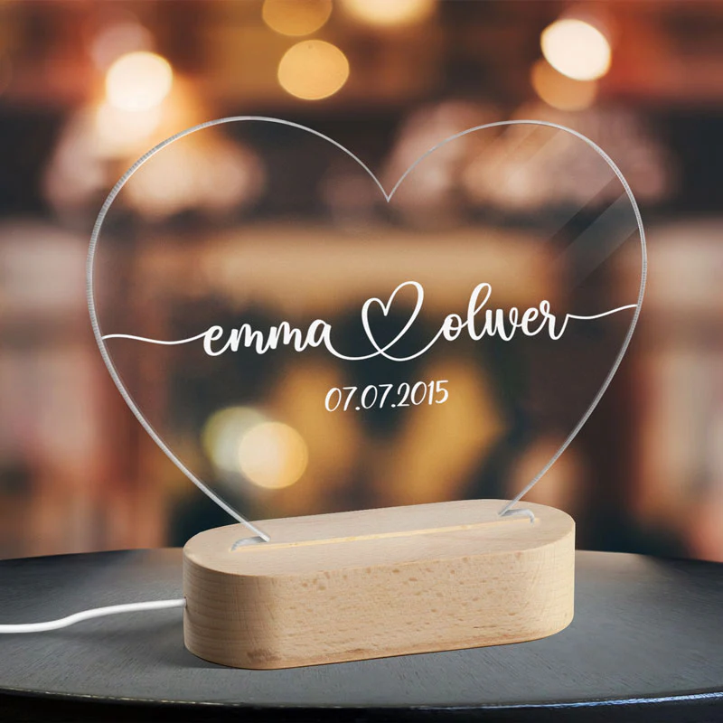 Simple Couple Names Date Personalized Heart Plaque with LED Night Light - Acrylic LED Lamp - Valentines Day Gift - Anniversary Gift - Romantic Gift For Couple - Gift For Him - Gift For Her - Image 3