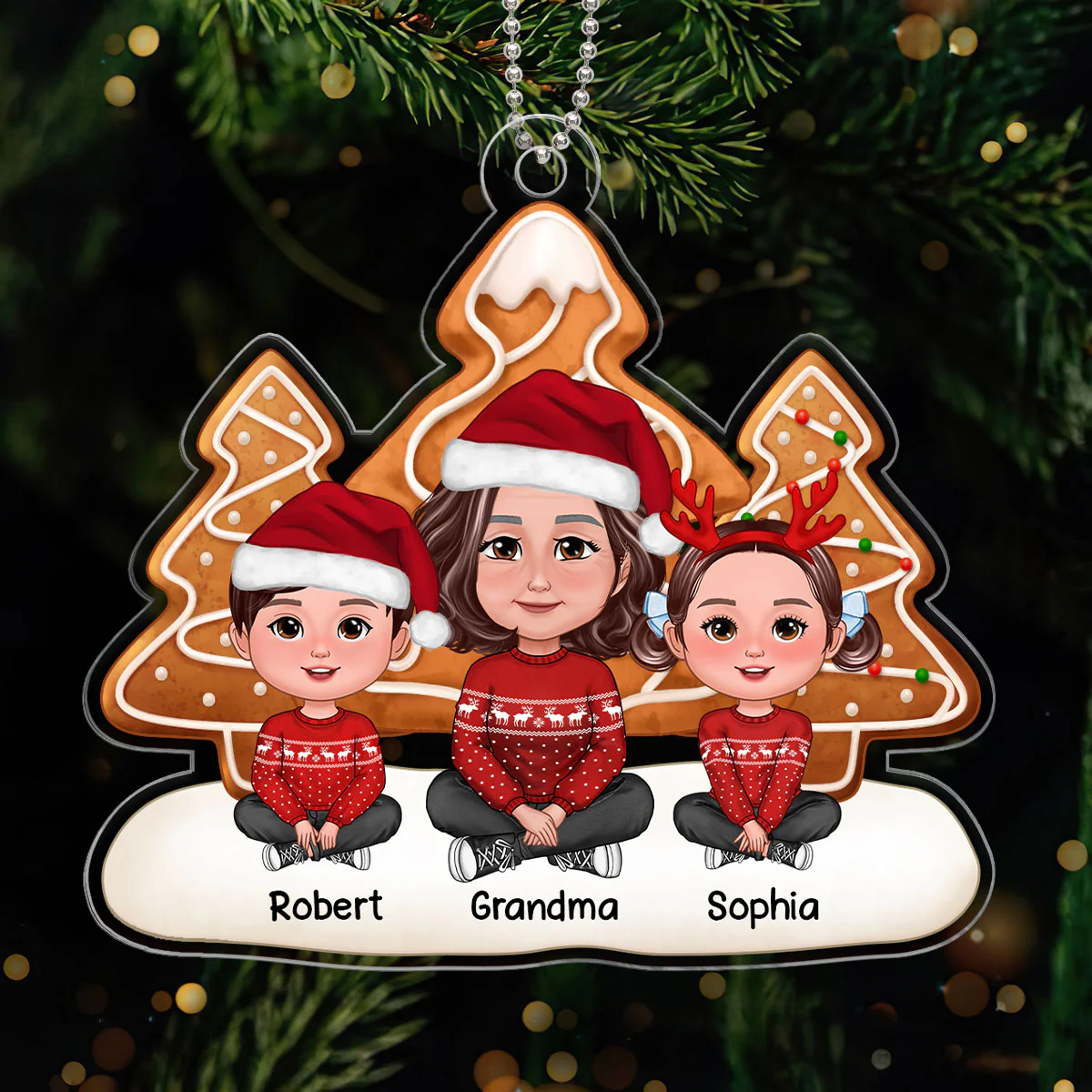 Simple Ginger Bread Christmas Trees Grandma & Grandkids Sitting Personalized Acrylic Ornament