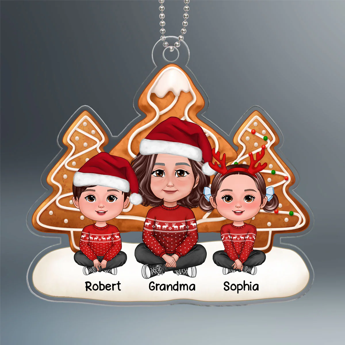 Simple Ginger Bread Christmas Trees Grandma & Grandkids Sitting Personalized Acrylic Ornament - Image 2