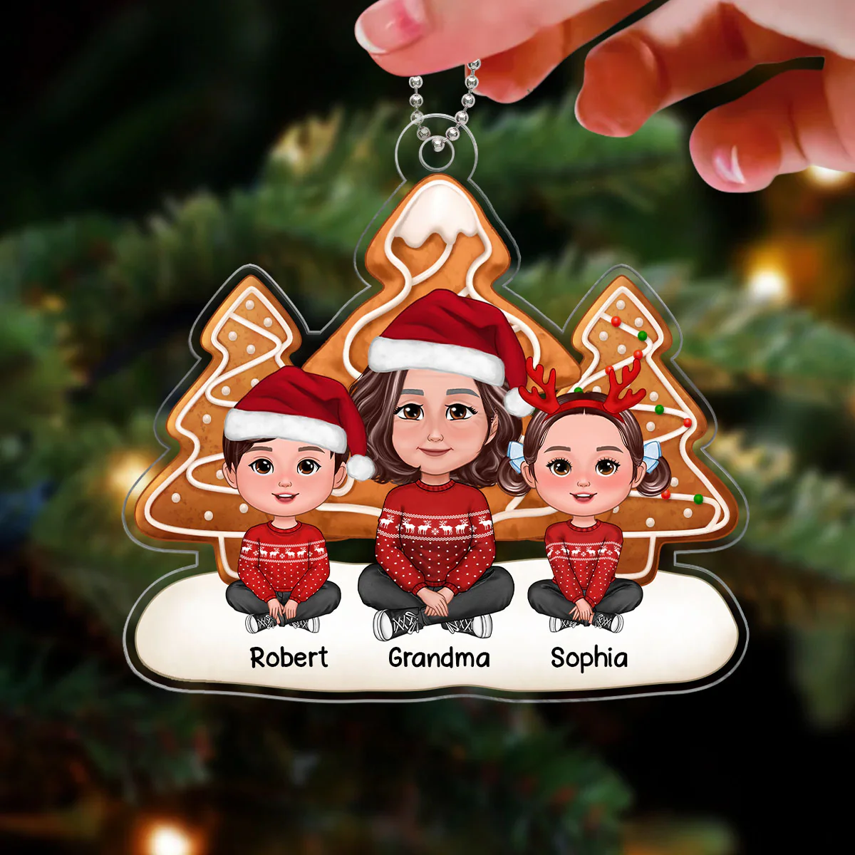 Simple Ginger Bread Christmas Trees Grandma & Grandkids Sitting Personalized Acrylic Ornament - Image 3