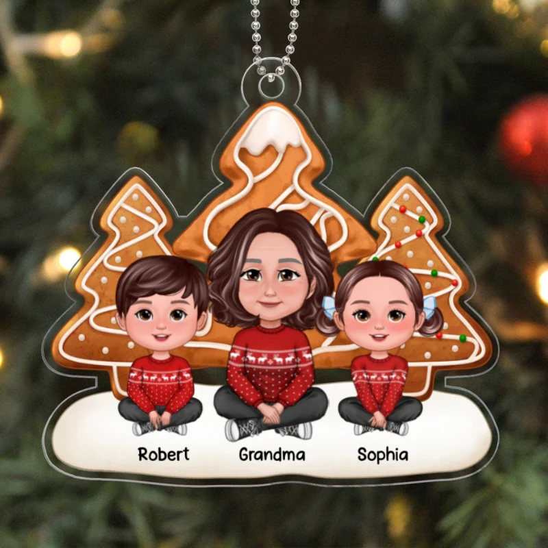 Simple Ginger Bread Christmas Trees Grandma & Grandkids Sitting Personalized Acrylic Ornament - Image 5