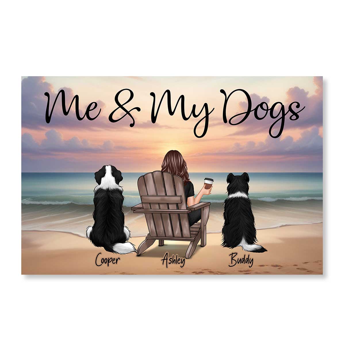 Single Person Me And The Dogs Cats Realistic Beach Landscape Personalized Poster - Image 2