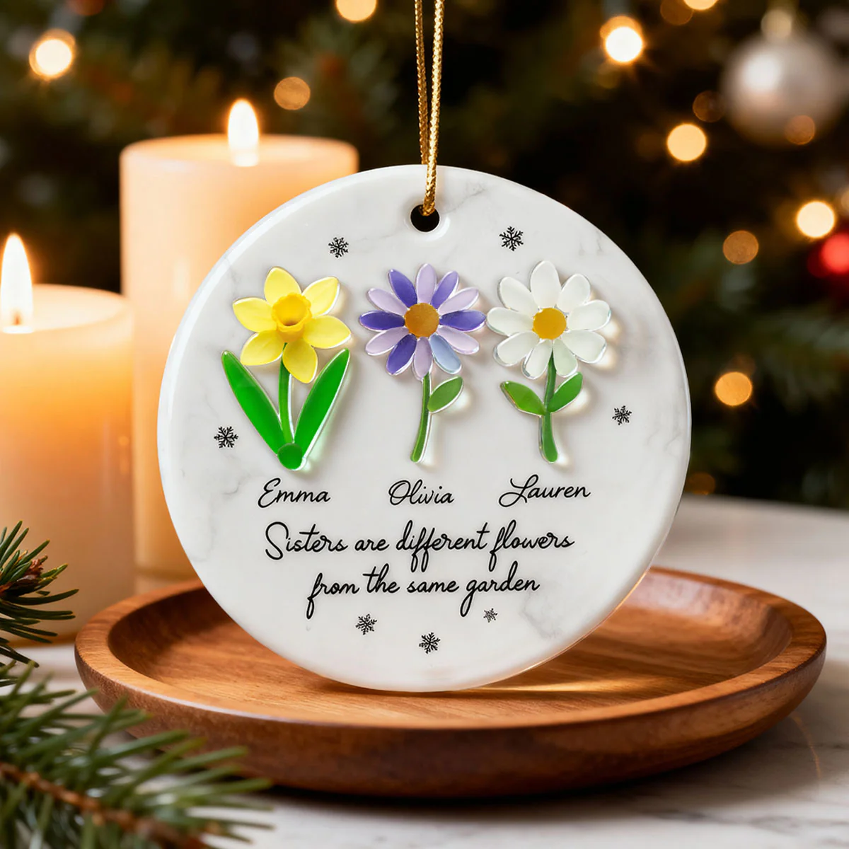 Sisters Are Different Flowers from the Same Garden, 3D Effect Sea Glass - Personalized Ceramic Ornament with Acrylic - Image 4