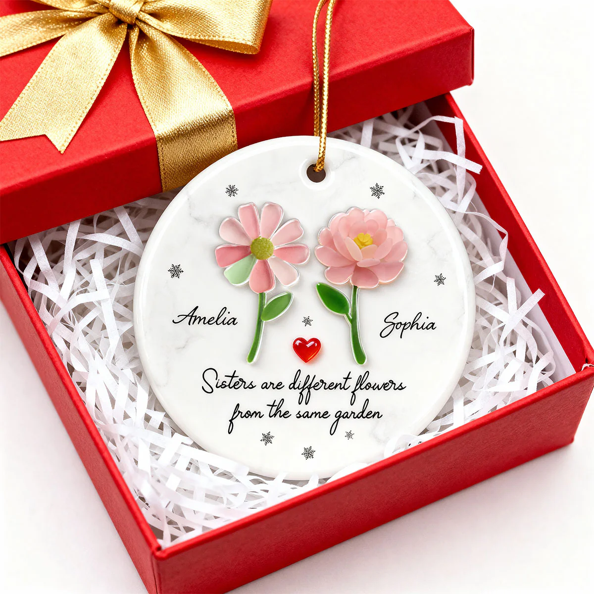 Sisters Are Different Flowers from the Same Garden, 3D Effect Sea Glass - Personalized Ceramic Ornament with Acrylic - Image 5