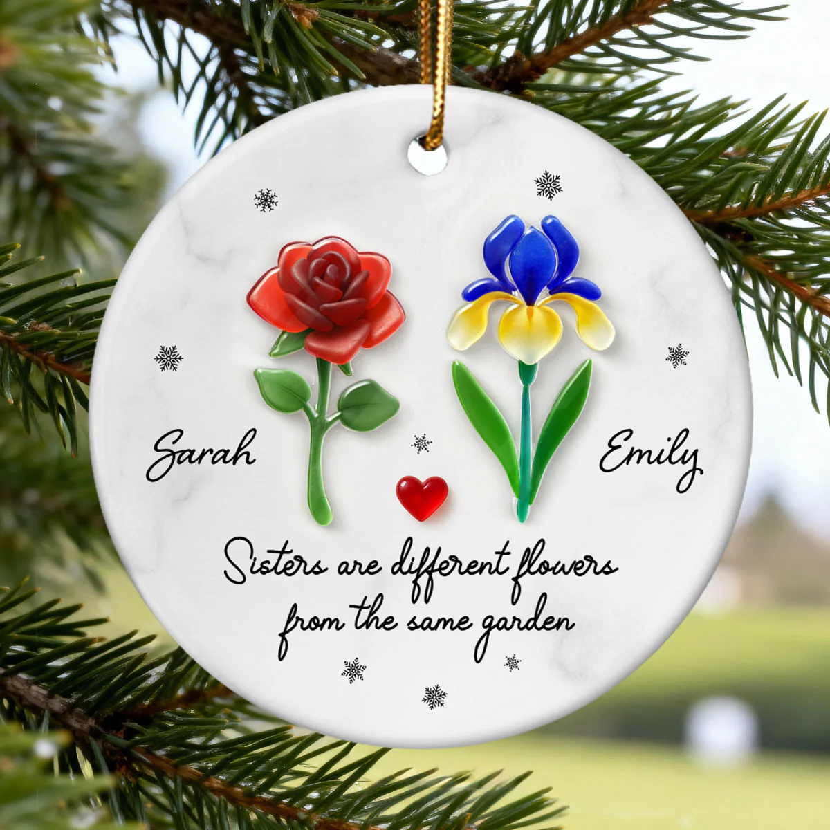Sisters Are Different Flowers from the Same Garden, 3D Effect Sea Glass - Personalized Ceramic Ornament with Acrylic - Image 6