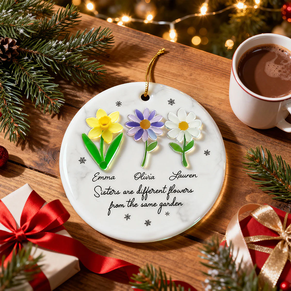 Sisters Are Different Flowers from the Same Garden, 3D Effect Sea Glass - Personalized Ceramic Ornament with Acrylic - Image 7