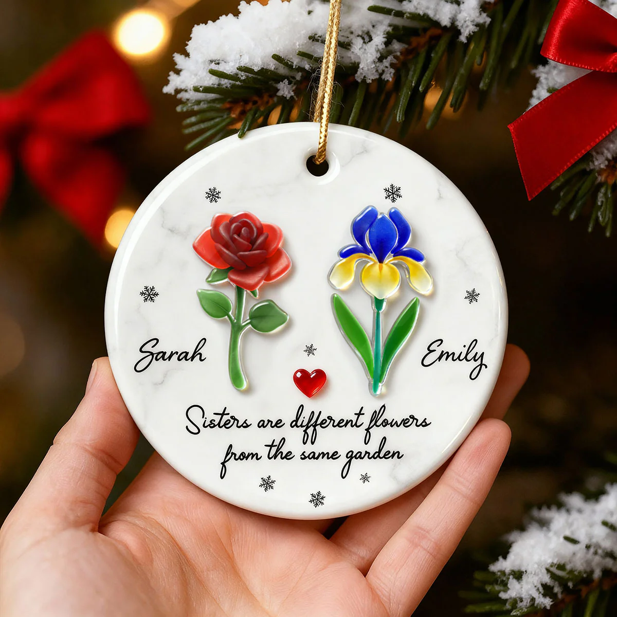 Sisters Are Different Flowers from the Same Garden, 3D Effect Sea Glass - Personalized Ceramic Ornament with Acrylic - Image 8