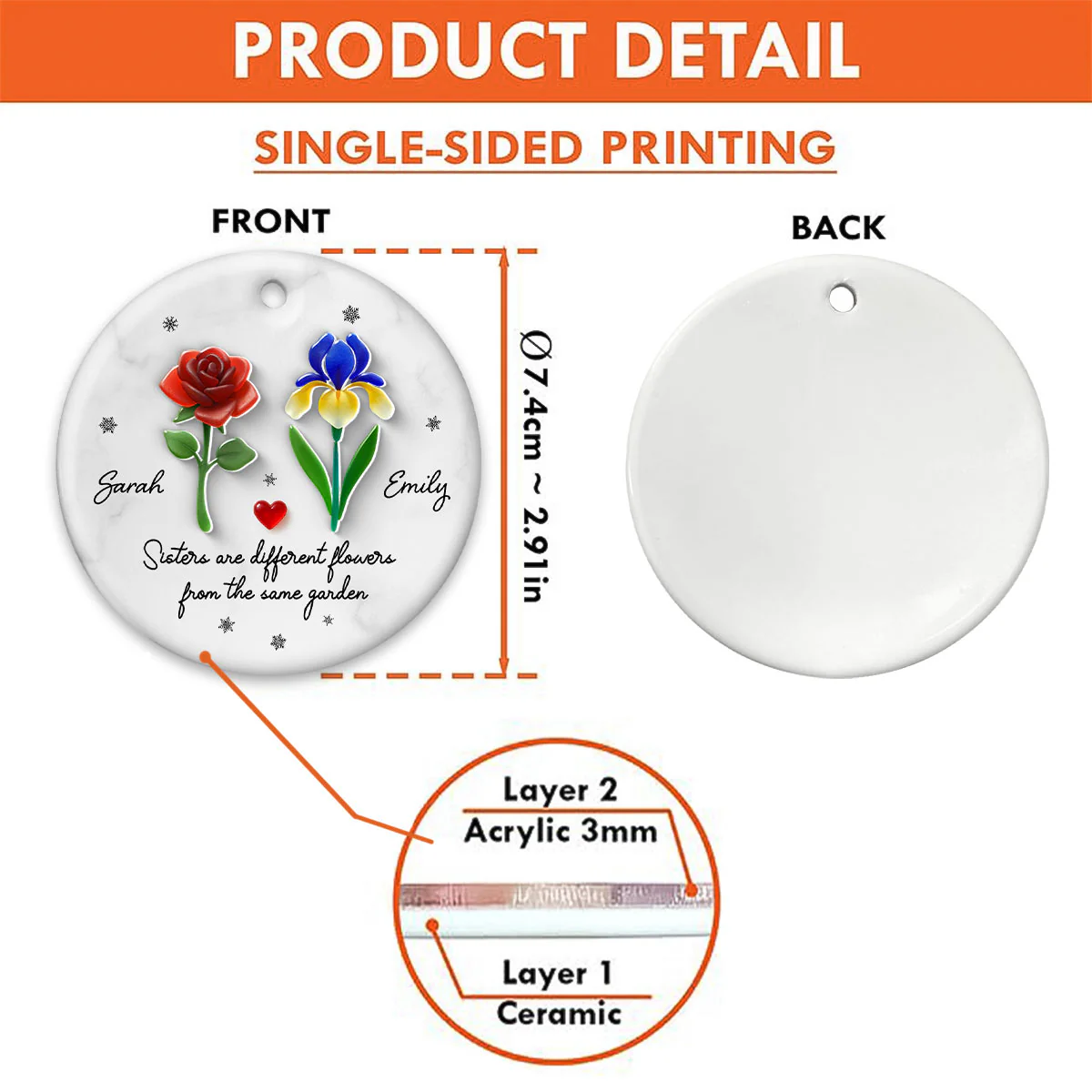 Sisters Are Different Flowers from the Same Garden, 3D Effect Sea Glass - Personalized Ceramic Ornament with Acrylic - Image 9