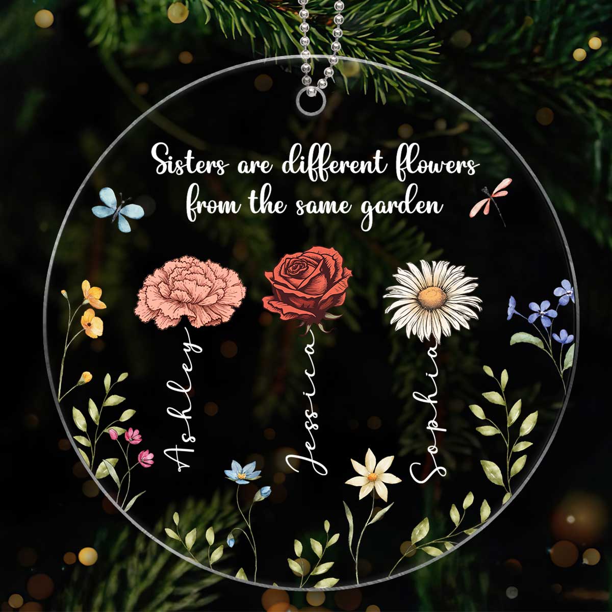 Sisters Are Different Flowers From The Same Garden Personalized Acrylic Ornament, Christmas Gift For Sisters, Siblings, Besties - Image 2