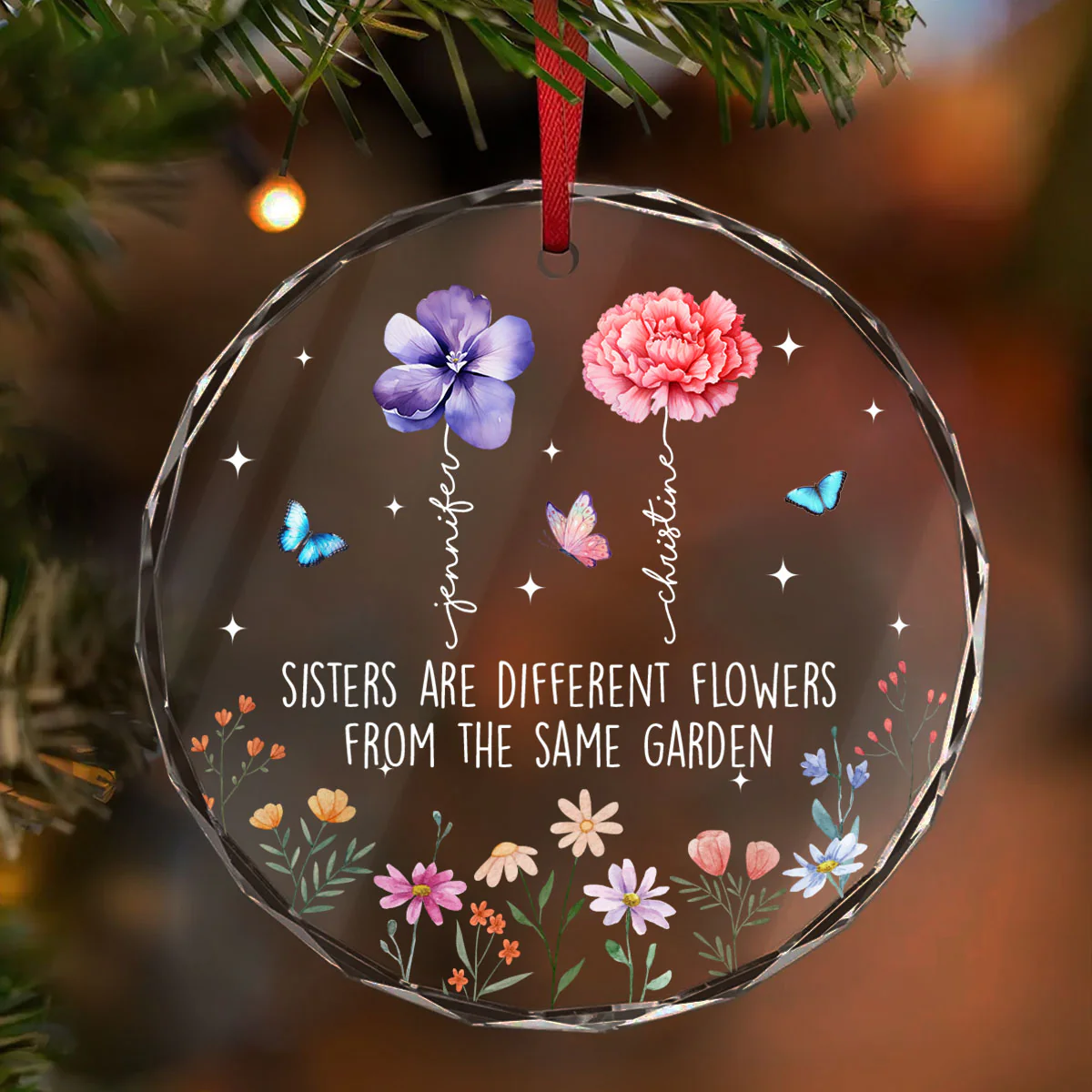 Sisters Are Different Flowers From The Same Garden Personalized Glass Ornament, Christmas Gift For Sisters - Image 2
