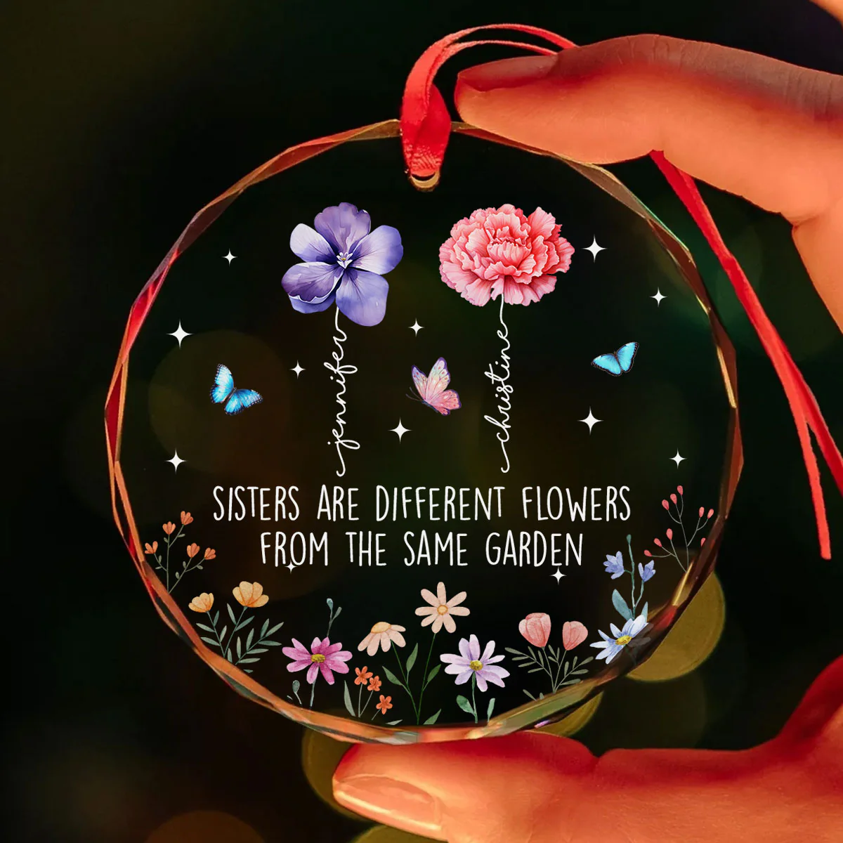 Sisters Are Different Flowers From The Same Garden Personalized Glass Ornament, Christmas Gift For Sisters - Image 4