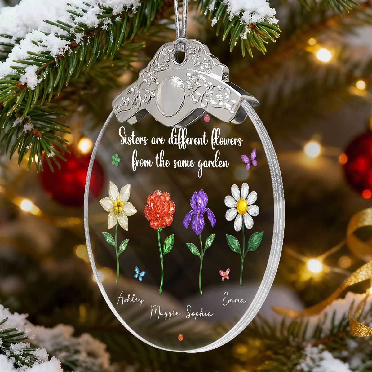 Sisters Are Different Flowers from the Same Garden - Personalized Glass Ornament With Silver Cap - 3D Crystal Effect, Thoughtful Christmas Gift for Sisters - Image 3