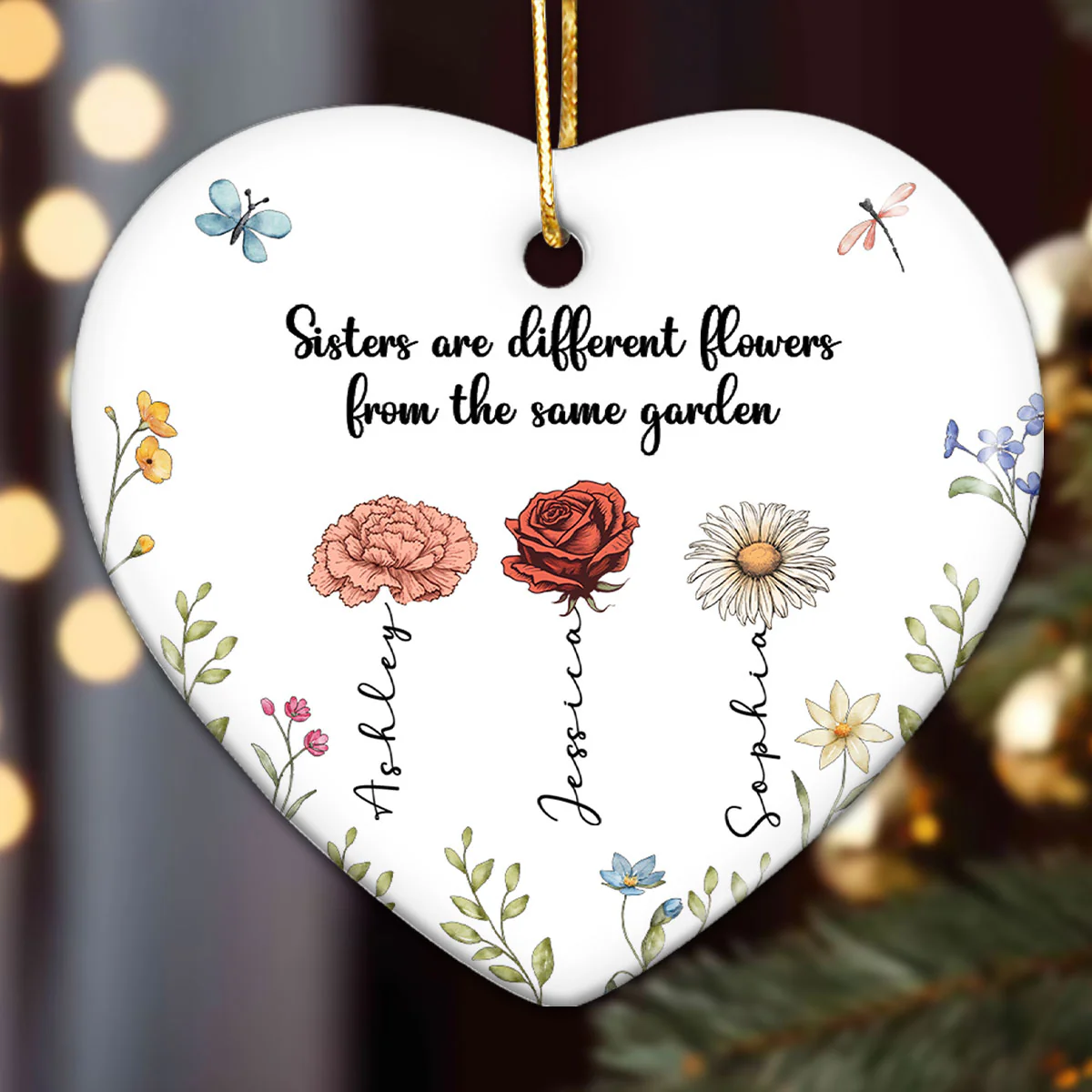 Sisters Are Different Flowers From The Same Garden Personalized Heart Ceramic Ornament, Birthday, Christmas Gift For Sisters, Siblings, Besties - Image 6